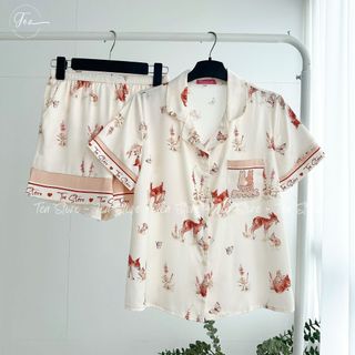 Bộ mặc nhà pyjama lụa cao cấp cộc Tea Store họa tiết con hươu 4 màu
