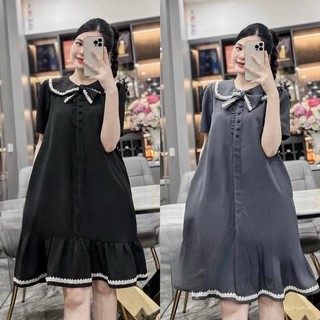 D88 Váy babydoll cổ sen cột nơ viền phối ren
