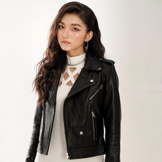 Áo Da Nữ FTT Leather Biker Jacket Da Cừu Cúc Khoá Trắng