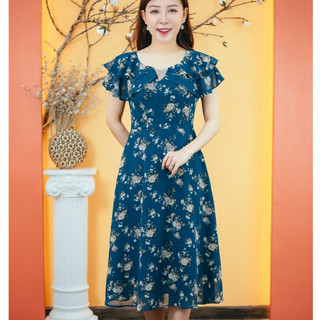Đầm xòe trung niên Cổ tim tay ngắn màu Xanh hoa TTV Store thời trang nữ TTV1635
