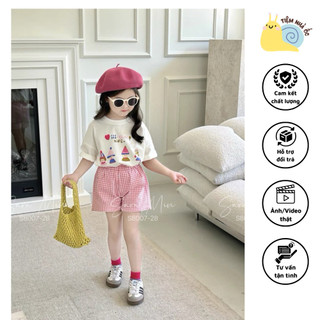 Set áo phông trắng chất cotton phối quần caro hồng siêu xinh.
