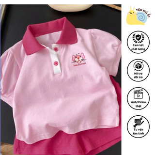 Set polo họa tiết báo hồng xinh xắn phối đường nút cài màu kem chất cotton siêu mát cho bé gái