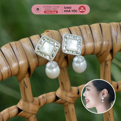 Bông Tai Khảm Vỏ Ốc Đính Ngọc Trai 9ly Sáng Xà Cừ - Ngọc Trai Trường Thịnh