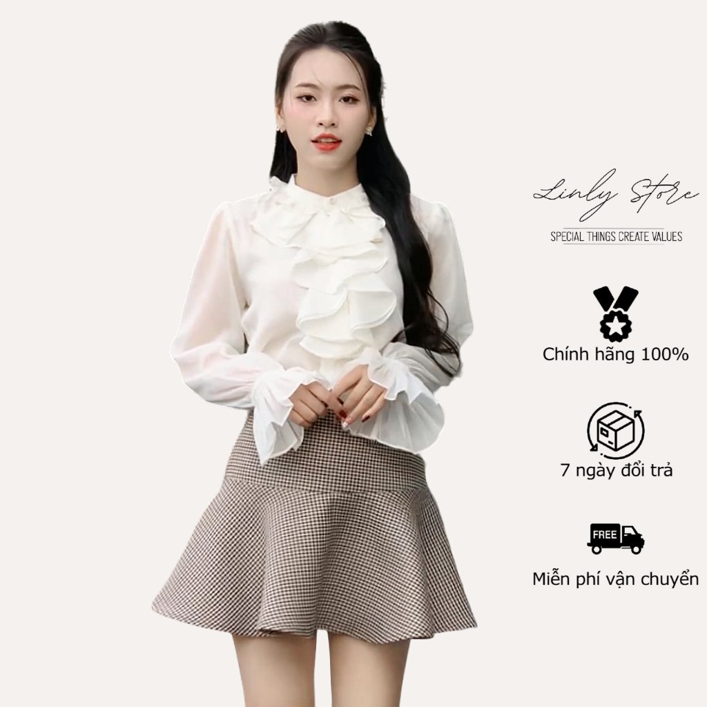 Áo sơ mi nữ chất tơ óng cổ bèo phối cúc kim loại mix đá Linly Store A-SM5