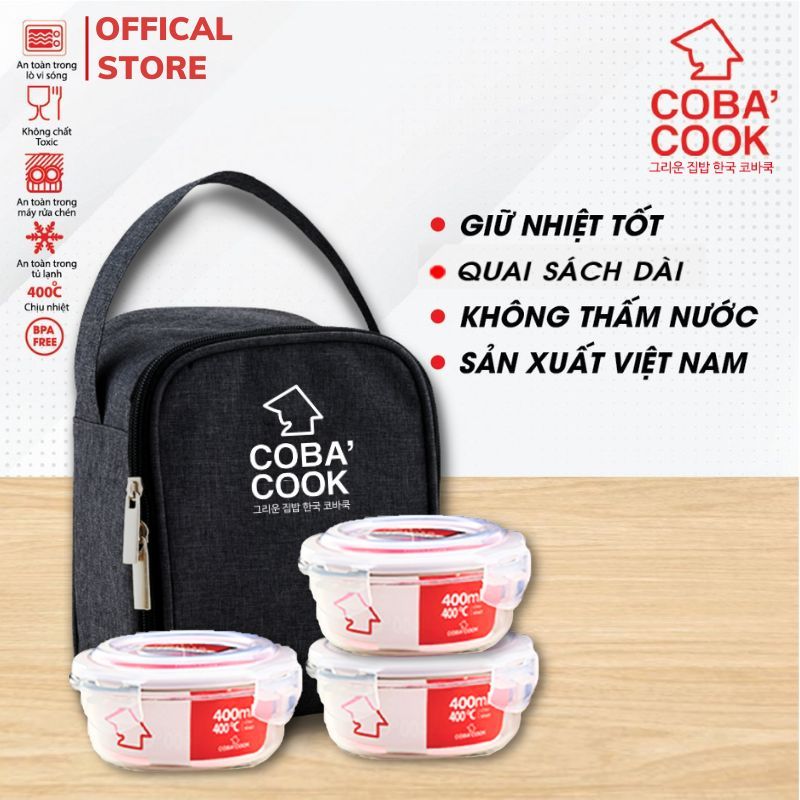 Bộ 3 Hộp Tròn Đựng Cơm Thủy Tinh Chịu Nhiệt COBA'COOK Kèm Túi Đựng Giữ Nhiệt- CCR43BS
