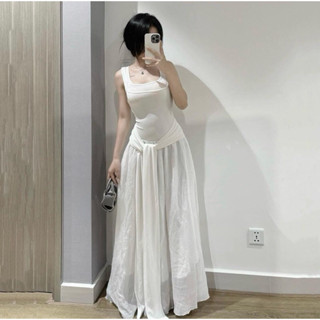 ( Hàng Chuẩn Loại 1 ) Đầm Váy Maxi Dài Buộc Nơ Eo Tà Chất Tơ Giấy Sát Nách Màu Trắng Sang Trọng