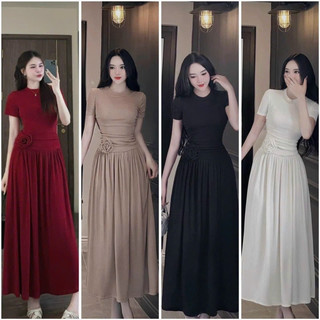 Váy body cổ tròn tay ngắn, Đầm body cộc tay dáng dài xoè kết hoa hồng nhún eo siêu HOT, tôn dáng