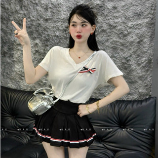 Set váy nữ áo thun cổ tim phối chân váy dập ly kèm ảnh thật y1