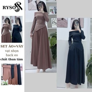 Set Bộ Áo Trễ Vai Tay Dài Vạt Nhọn Thun Tăm Cộc Tay Mix Chân Váy Dài Cùng Màu, Set Chân Váy Dài Thanh Lịch RYSO FASHION