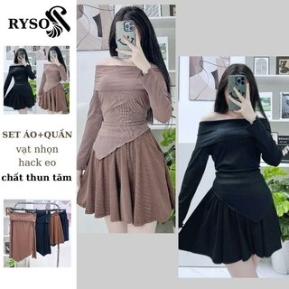 Set Áo Tay Dài Trễ Vai Nữ Kèm Quần Váy Xoè, Set Bộ Nữ Lệch Vai Chất Thun Tâm Váy Ngắn RYSO FASHION