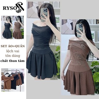 Set Áo Lệch Vai Nữ Kèm Quần Váy Xoè, Set Bộ Nữ Trễ Vai Chất Thun Tâm Váy Ngắn RYSO FASHION