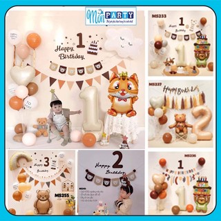 Set trang trí sinh nhật bé trai bé gái, bóng bay sinh nhật hàn quốc, trang trí thôi nôi tone màu nâu tây vintage