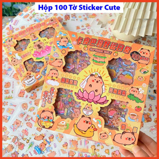 Hộp 100 tấm sticker Capy cute dễ thương,set 100 tờ sticker trang trí dán tập vở, bình nước, bút và nhiều vật dụng khác .