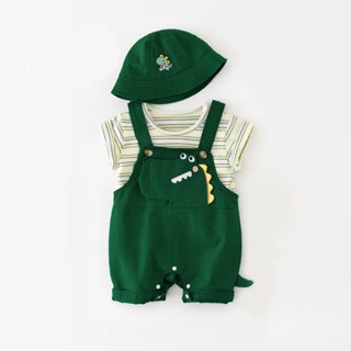 [Quần Yếm + Áo+Mũ] Bộ quần áo yếm cộc tay cho bé trai bé gái Bộ quần áo yếm trẻ em hình khủng long SLH106