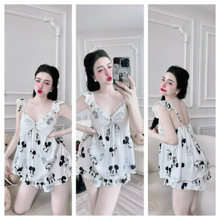Bộ đồ ngủ,mặc nhà áo cánh tiên + quần đùi lụa latin 40-70kg vừa.