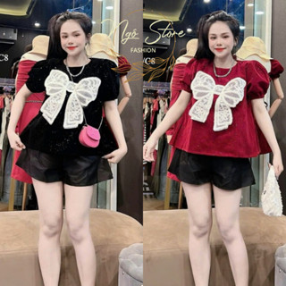 Set bộ áo NHUNG KIM TUYẾN tay phồng Baby doll nơ trắng mix quần short đen tapta xin xắn phù hợp đi chơi ,2 màu cho nàng