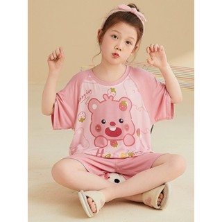 Bộ đồ ngủ trẻ em Happy cho bé gái 2024 mùa hè -6 màu, cotton nguyên chất, tay ngắn