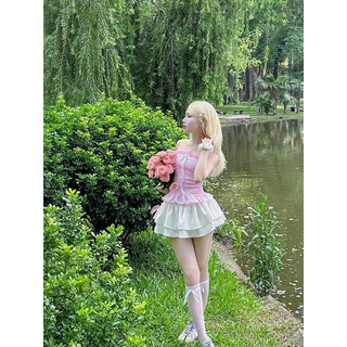 Hion Store - Set áo caro cúp nhún hồng + cv nude xòe