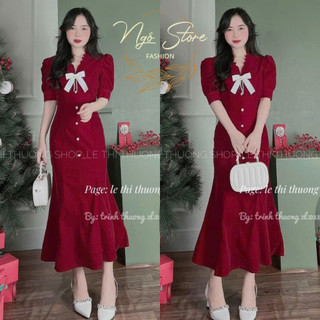 Đầm váy thời trang nữ,đầm NHUNG CỨNG đỏ áo tay bồng CỔ V phối nơ trắng nút váy đuôi cá sang trọng dành cho nàng đi tiệc