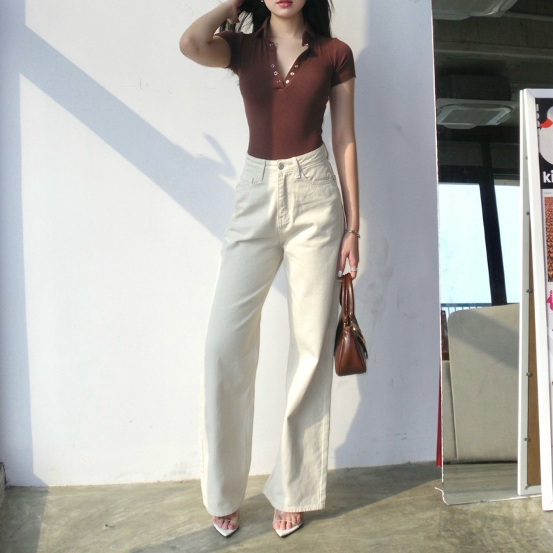 Quần IVORY JEANS nữ ống suông đứng vải denim cotton cao cấp khuy cắt sẵn