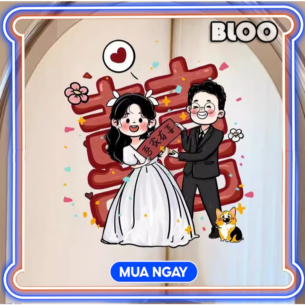 (Mẫu 9) Decal Dán Chữ Hỷ 3D Trang Trí Phòng Cưới, Xe Hoa, Đám Cưới Hình Cô Dâu Chú Rể Chibi Hoạt Hìn