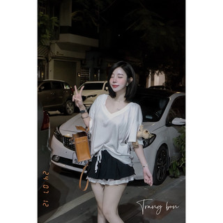 Set đầm nữ áo phông giấy mix váy xoè kèm gấu cute a4