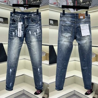 Quần jean bò nam Purple slimfit wash xanh bạc cào rách nhẹ vảy sơn dập nhăn 3D dọc ống 4 cúc chữ QJ561P