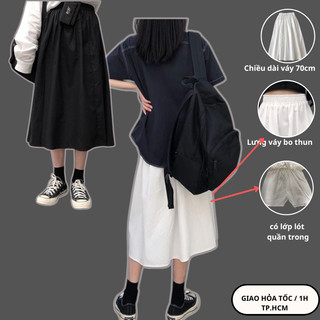 Chân váy dài ulzzang dạng xòe phong cách hàn quốc , Váy dài qua gối + lớp lót quần trong , thiết kế lưng chun free size