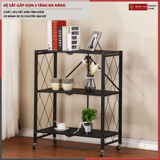 Kệ Sắt Đa Năng 3 Tầng BELLEVIE Kệ Sắt Gấp Gọn Có Bánh Xe Tĩnh Điện Cao Cấp 86Cm x 36Cm x 71Cm
