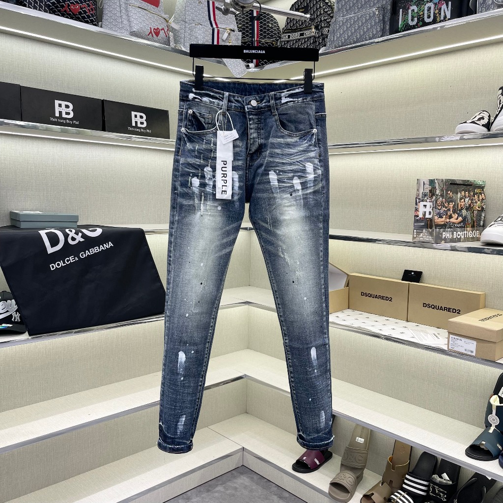 Quần jean nam Purple xanh bạc rách nhẹ vảy sơn nhăn 3D dọc ống 4 cúc mác lụa cao cấp QJ561P