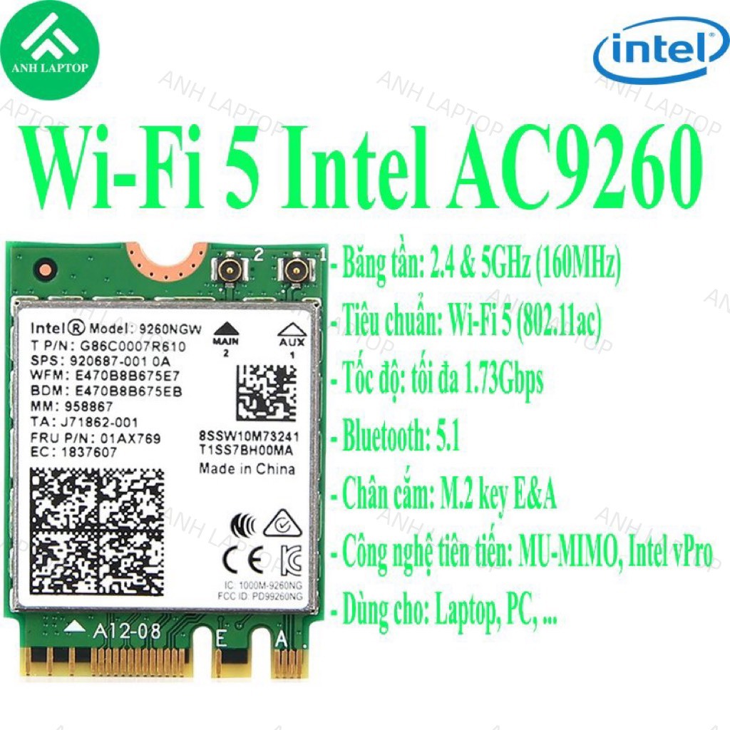 Card wifi 5 intel AC 9260. Lắp cho laptop, pc, ... 2 băng tần, tốc độ 1.73Gbps, bluetooth 5.1