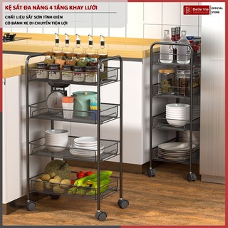 Kệ Sắt Đa Năng 4 Tầng BELLIVE Kệ Đựng Đồ Đa Năng Khay Lưới Sơn Tĩnh Điện Có Bánh Xe Tiện Lợi