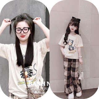 Sét áo cotton tàu phối quần kẻ cho mẹ và bé