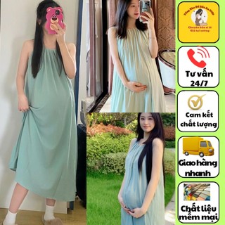 Váy cho bà bầu váy maxi hàng thiết kế đầm bầu dáng rộng dài sát nách chất liệu đũi hàn