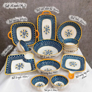 Bộ bát đĩa chén đĩa đẹp Lẻ đĩa , bát cơm decor hoa văn hoạ tiết thổ cẩm xanh tráng men cao cấp