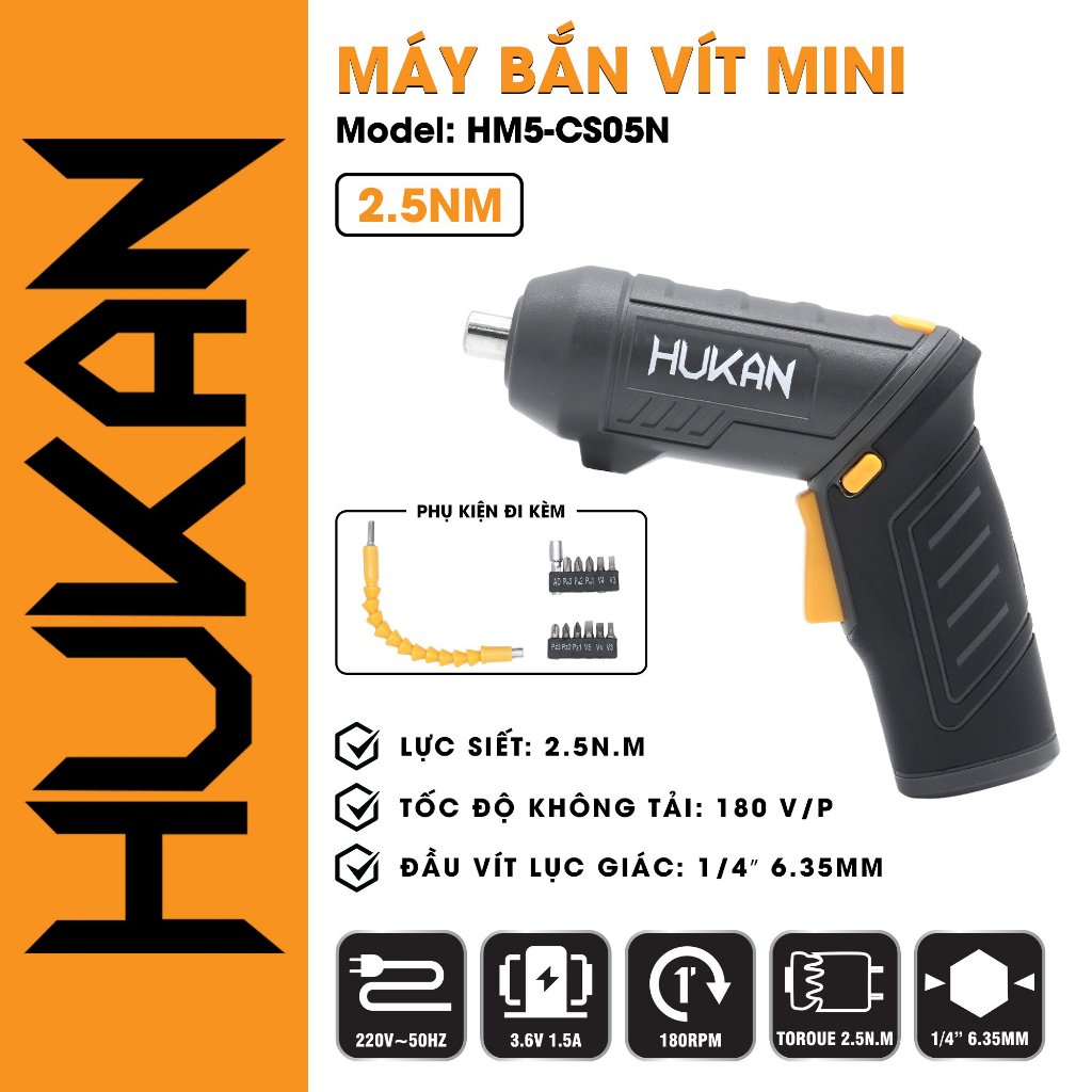 Máy vặn vít mini HUKAN HM5-CS05N Lực Siết 2.5Nm, Văn Vít Pin - Cổng Sạc TYPE C - Tặng 13 Chi Tiết
