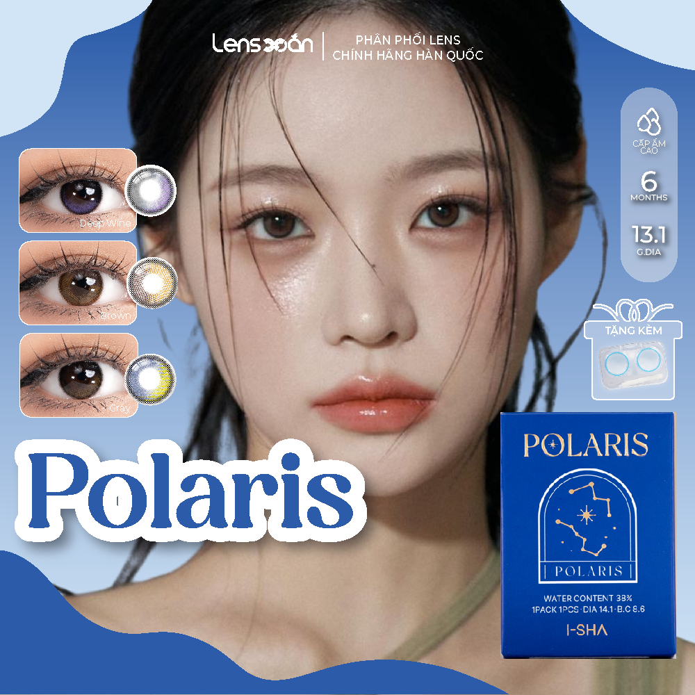 Kính áp tròng cận 6 tháng LENS XOẮN lens xám nâu tự nhiên 2 dải highlight vân dải màu ISHA POLARIS