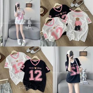 Áo phông cotton giấy số 12 hồng cổ tim cộc tay
