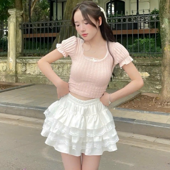 Chân Váy Xoè Nhiều Tầng Bồng Phối Ren Phong Cách Tiểu Thư Xinh Xắn  (Kèm Lót Trong)