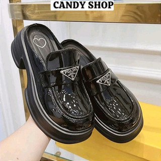 Giày sục nữ đế cao da bóng Pra.da đế 5cm, giày búp bê nữ phong cách trẻ trung đi học, đi chơi