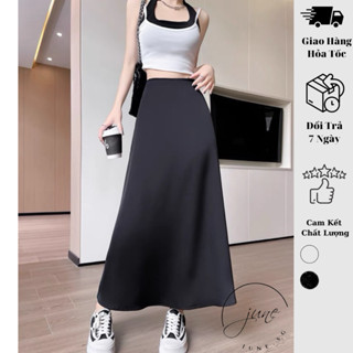 Chân váy lụa dài JUNE.SG, dáng chữ A xoè qua gối chất liệu satin mềm mịn, kiểu dáng basic D002