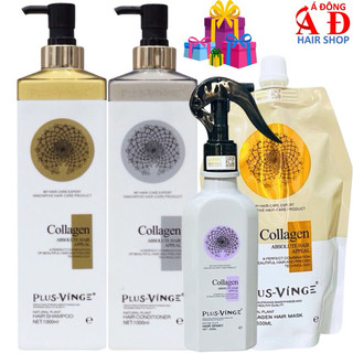 Bộ dầu gội xã, hấp ủ, xịt dưỡng Plus Vinge Collagen siêu mượt, ngăn rụng, kích mọc tóc