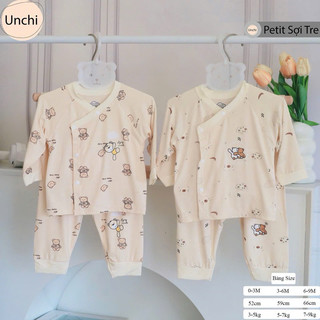 Bộ dài tay bé trai bé gái sơ sinh chất Unchi cao cấp nền kem petit mềm mịn mát co dãn thấm hút mồ hôi