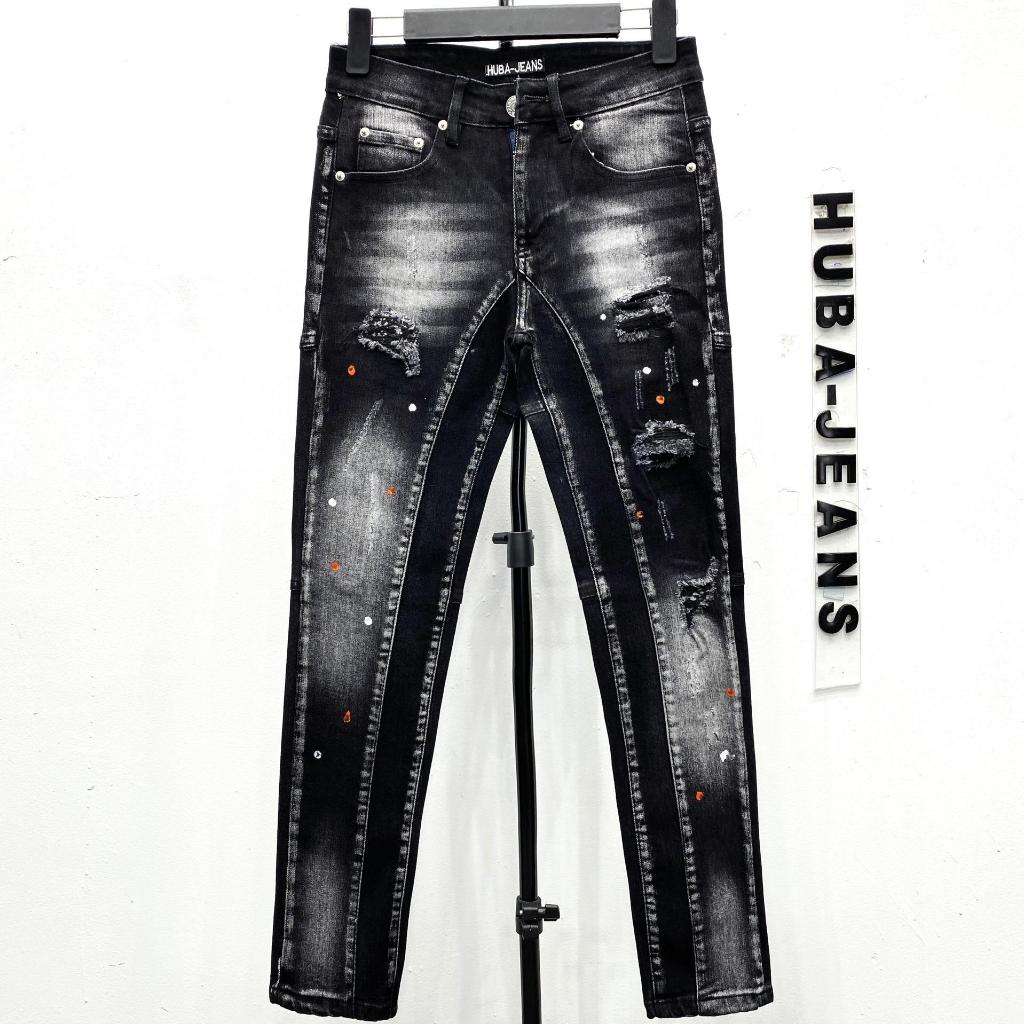 Quần Jean Nam Phom Ôm Ống Côn Den Rách Phảy Sơn HUBA-JEANS Thời Trang Hot Menswear Denim