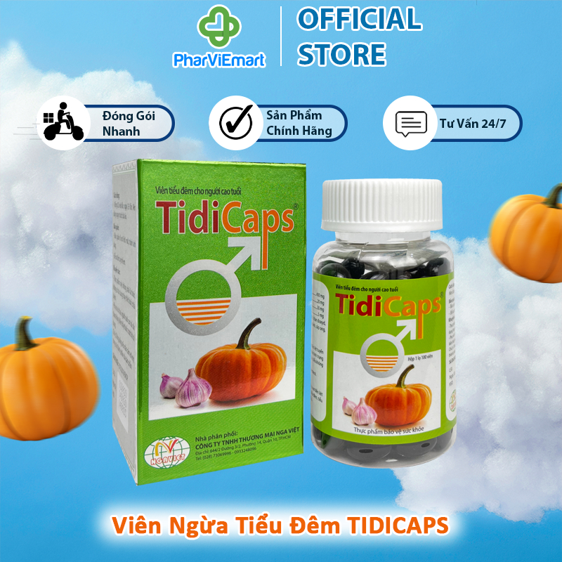 Tiều Đêm TidiCaps PharViEmart Hỗ Trợ Giảm Tiểu Nhiều Lần, Tiểu Đêm Tiểu Són hộp 100 viên
