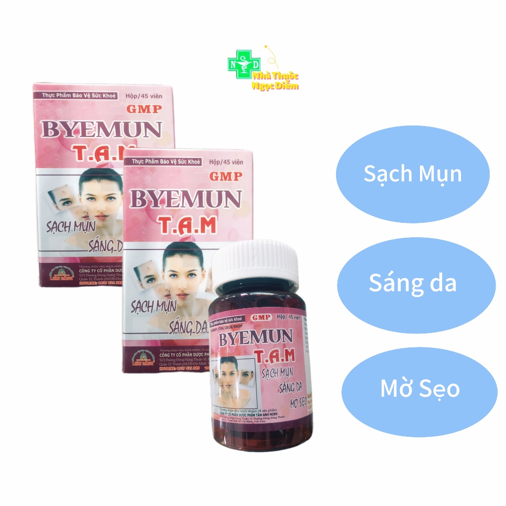 Viên uống sạch mụn đẹp da BYEMUN T.A.M giúp hỗ trợ sạch mụn sáng da mờ sẹo làm đẹp da - hộp 45 viên
