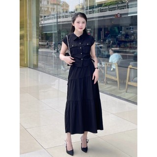Set gió croptop tay hến túi nắp cổ đức rút cạnh kèm chân váy xòe tầng ZENA - 29968