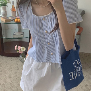 [sẵn SM] Áo sơmi dáng suông, cách điệu cộc tay, họa tiết kẻ xanh