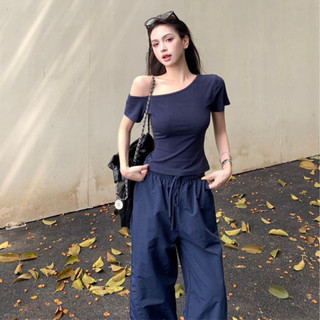 Sét áo thun lệch vai ôm body + quần dài ống rộng hàng order Taobao nhà Oanhdilys