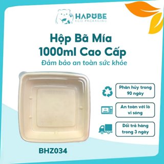 [50 Cái] Hộp Bã Mía Vuông 1000ml – Đựng Đồ Ăn Mang Đi, An Toàn, Thân Thiện Môi Trường ♻️